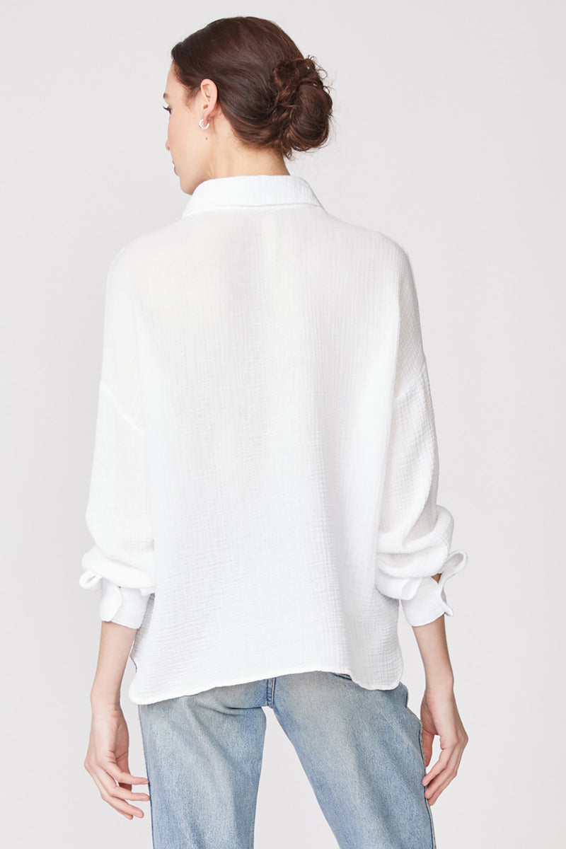 Stateside Gauze Long Sleeve Oversized Shirting Top in White-back