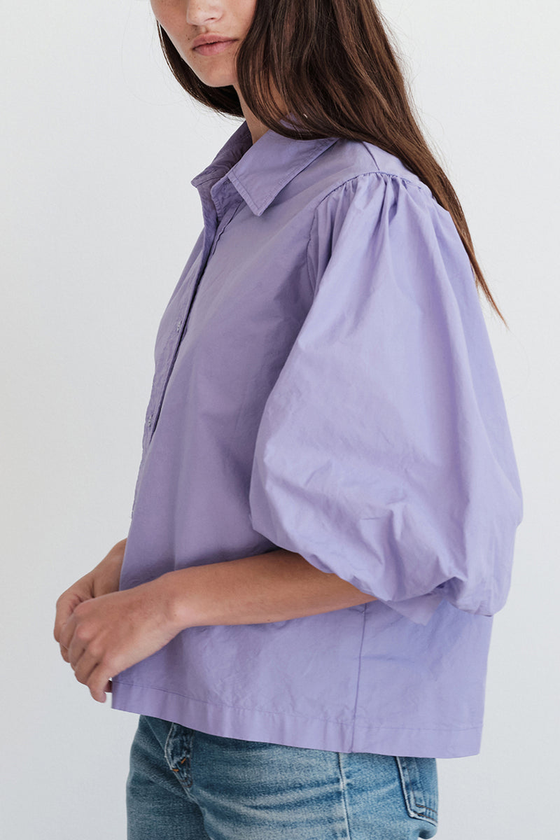 Stateside Structured Poplin Puff Sleeve Shirt in Iris-side