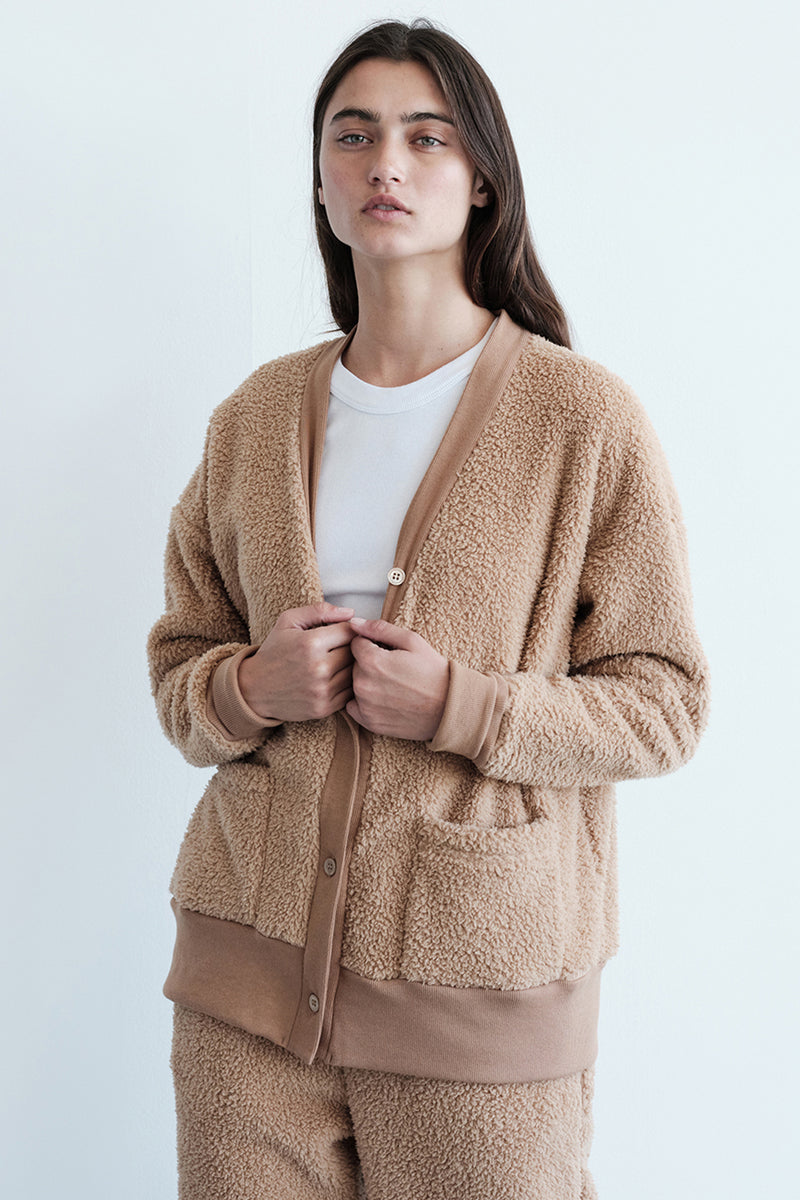 Double Faced Sherpa Oversized Cardigan in Teddy-front 3/4