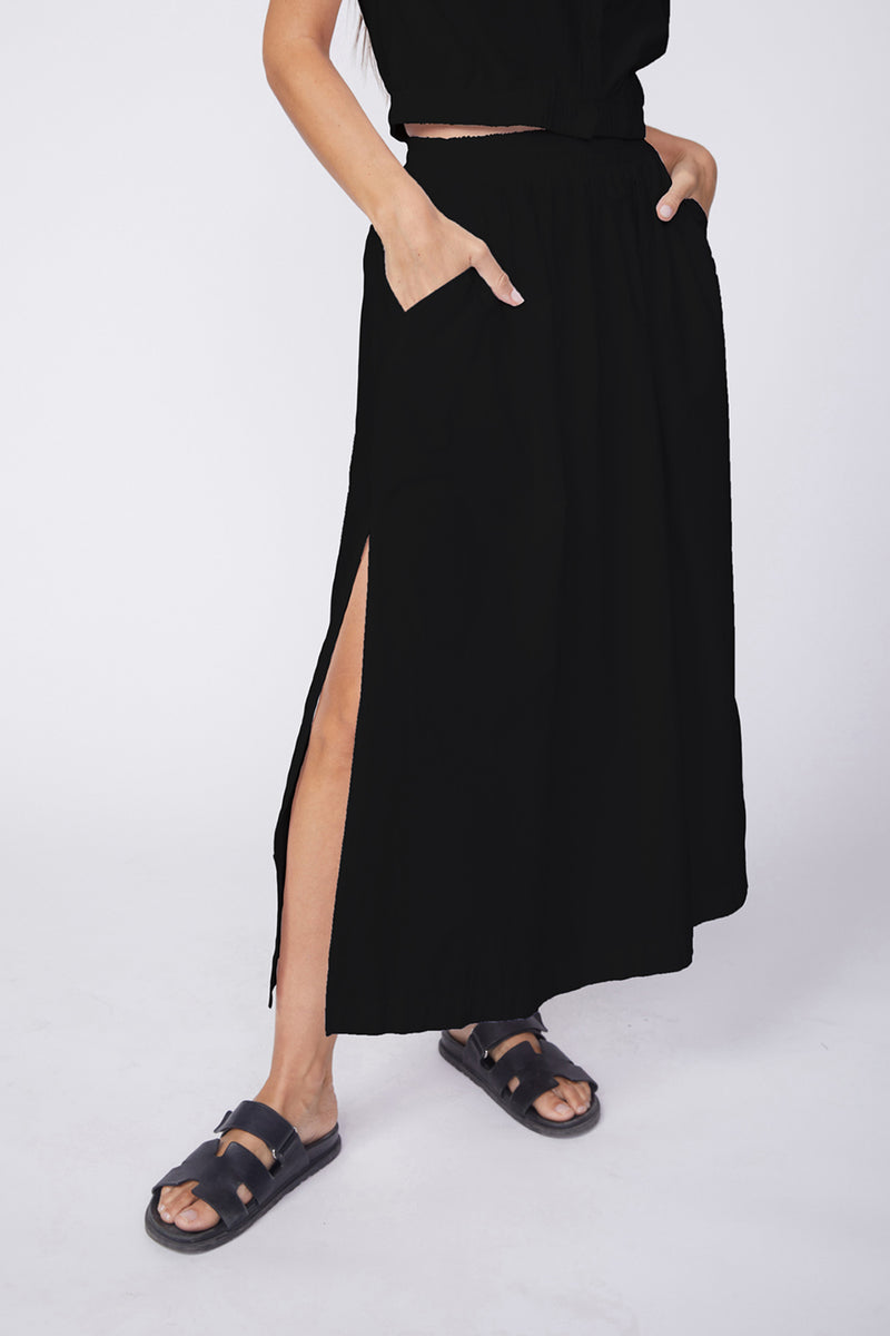 Stateside Fine Poplin Double Slit Maxi Skirt in Black