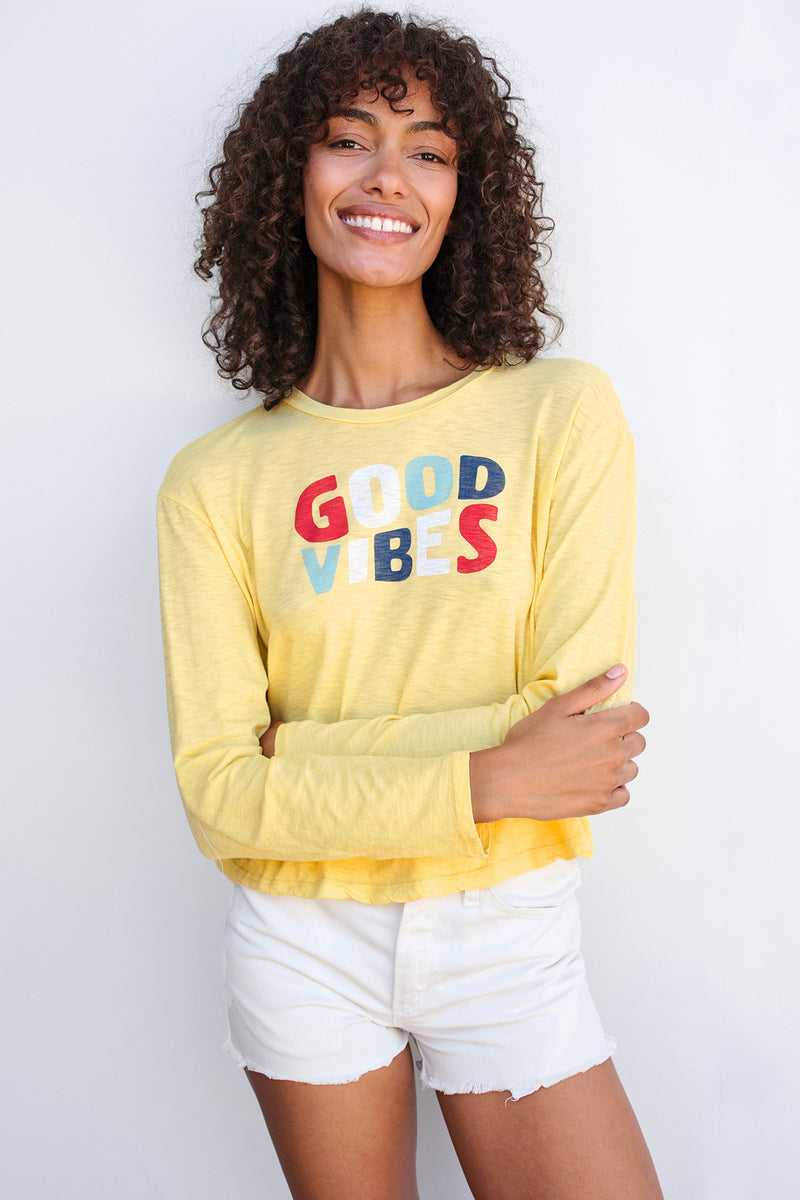 Sundry Good Vibes Long Sleeve Crew in Pigment Gold-3/4 front view 