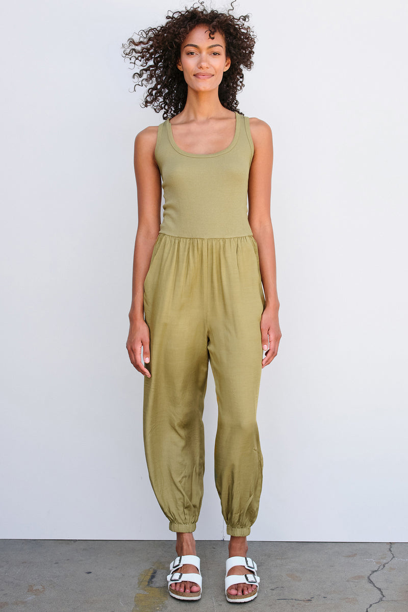 Sundry Mix Media Jumpsuit in Oliv-front view