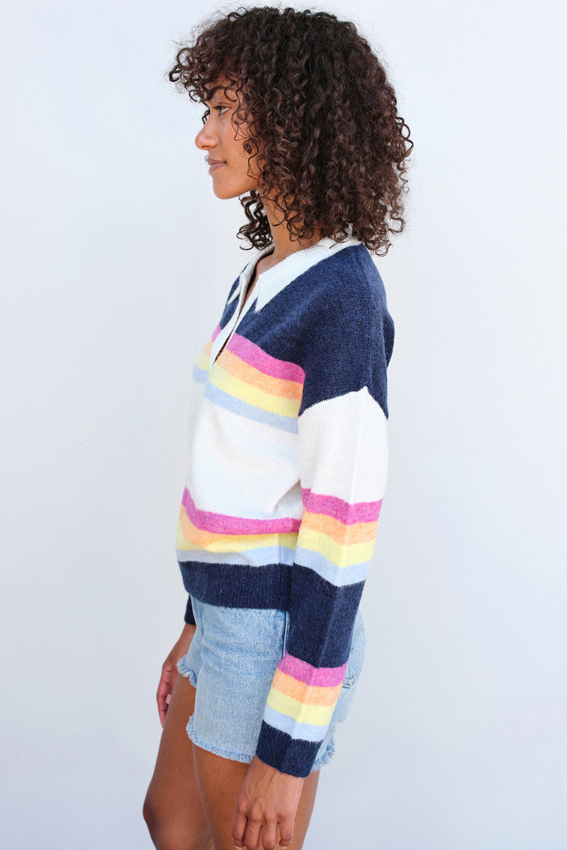 Sundry Johnny Collar Sweatshirt in Multicolor Stripes-side