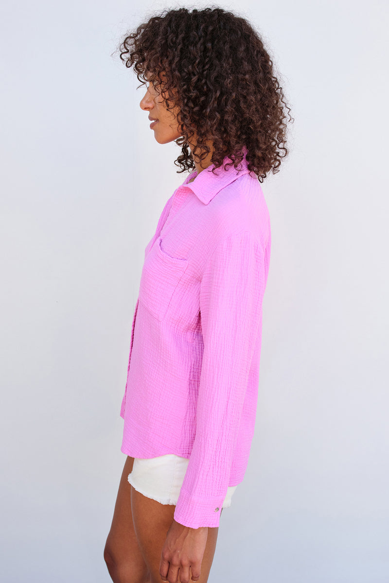 Sundry Long Sleeve Button Down in Flamingo