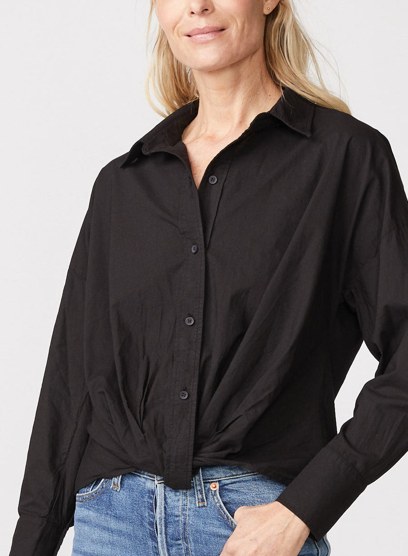 Stateside Poplin Long Sleeve Front Twist Button Up Shirt in Black