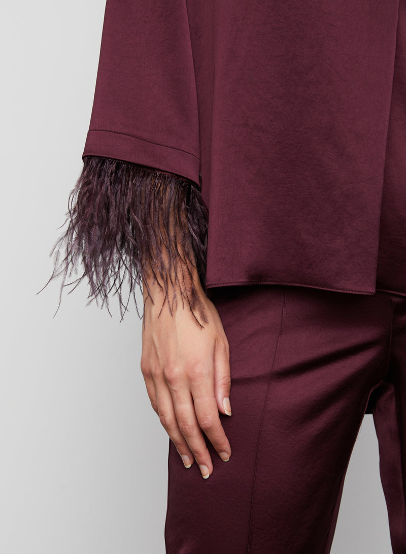 Nevaeh Satin Feathered Top in Burgundy -  Bailey/44.