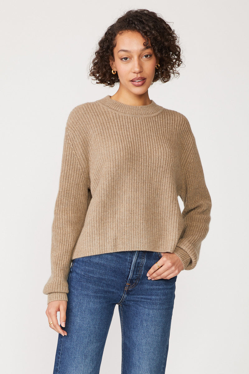 Ribbed Cashmere Tall Collar Crewneck Sweater in Camel - hand at waist