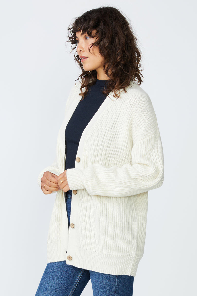 Stateside Ribbed Cashmere Oversized Cardigan Sweater in Cream - side view
