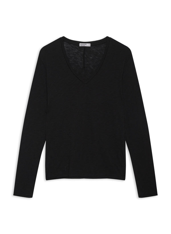 Supima Cotton Slub Jersey Long Sleeve V-Neck in Black
