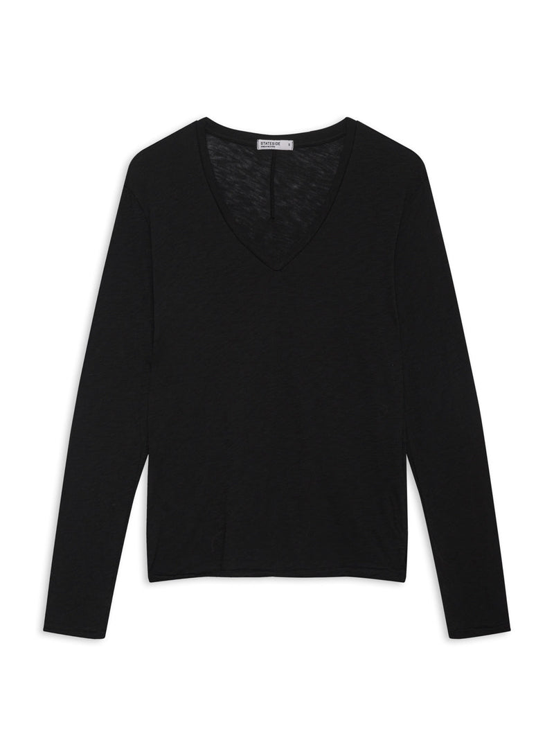 Supima Cotton Slub Jersey Long Sleeve V-Neck in Black