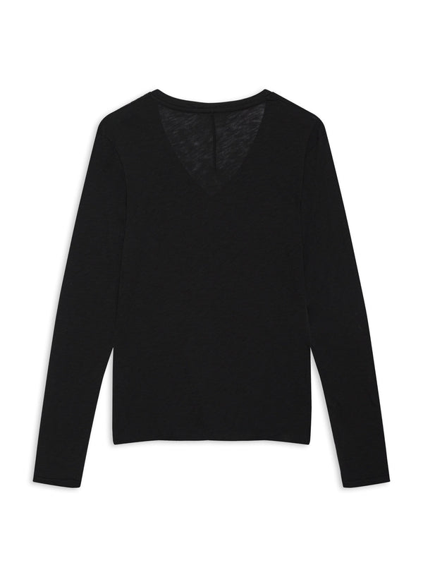 Supima Cotton Slub Jersey Long Sleeve V-Neck in Black