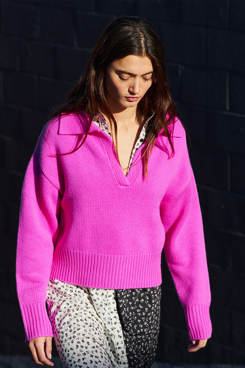 Stateside Cashmere Johnny Collar Sweater in Electric Pink-model looking down