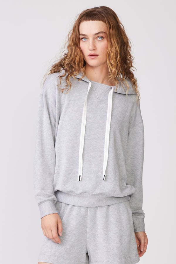 Stateside Softest Fleece Hoodie in Heather Grey - front with white drawstrings