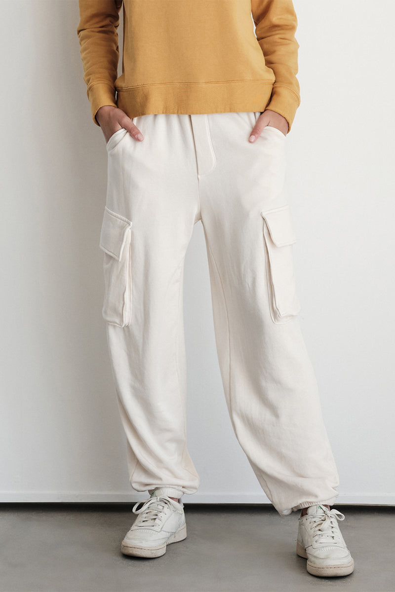 Softest Fleece Cargo Jogger in Cream-3/4 front view