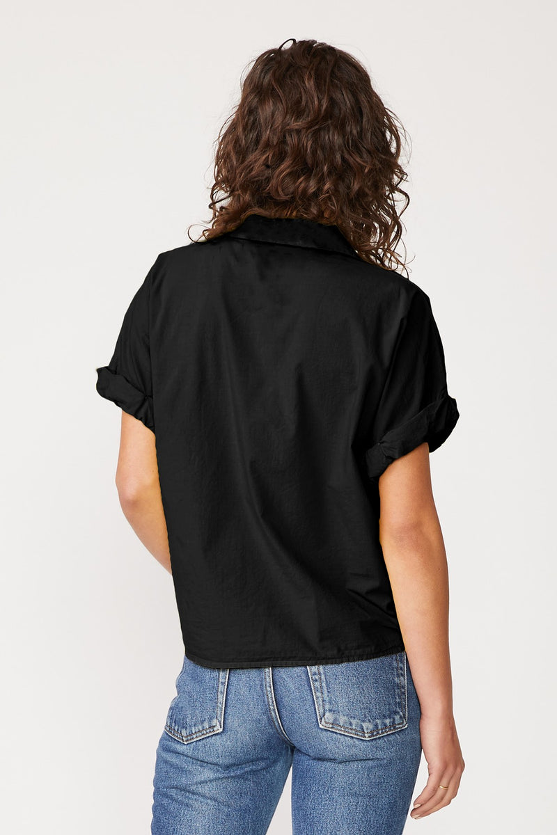 Poplin Short Sleeve Front Twist Button Up Shirt in Black- back view