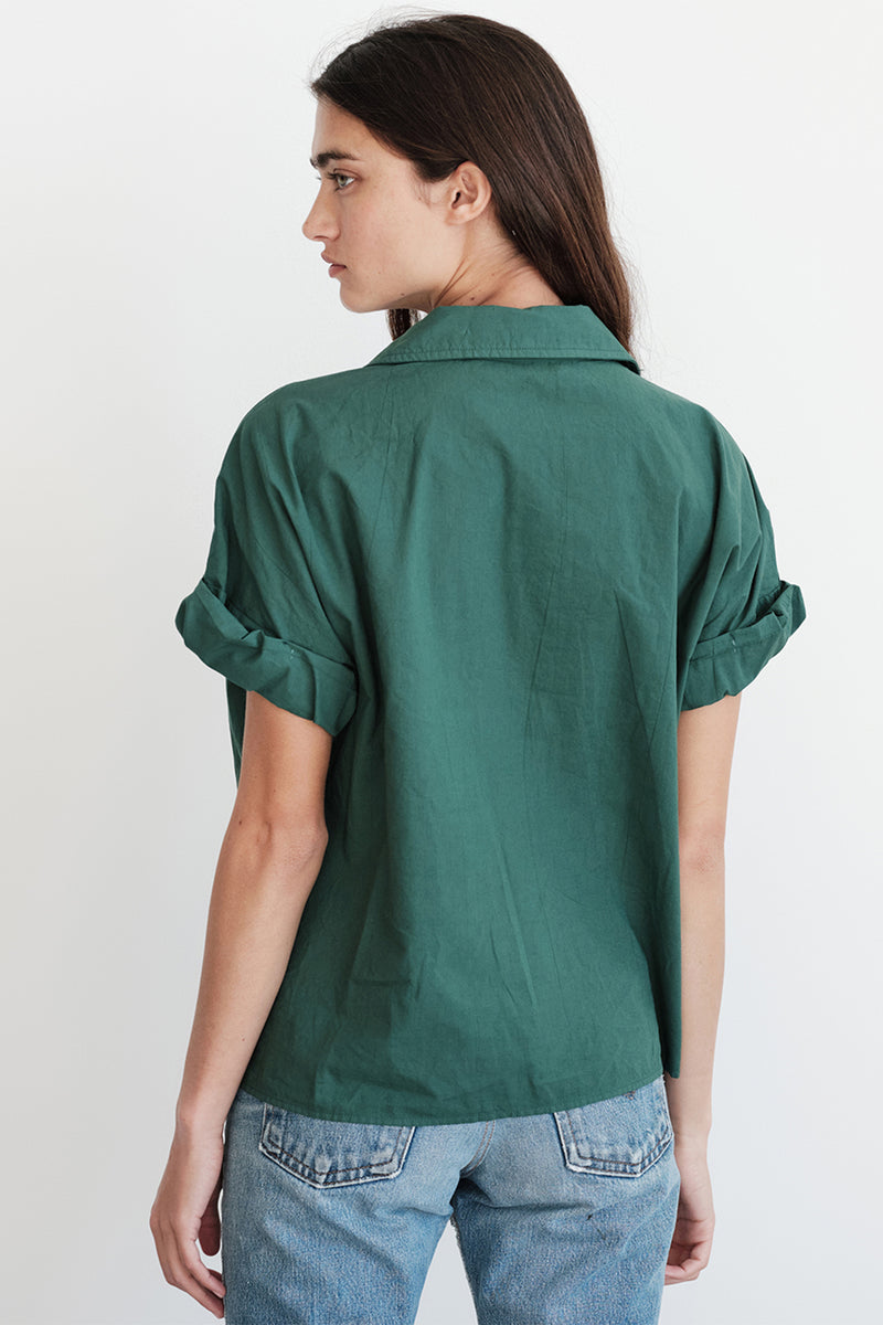 Poplin Short Sleeve Front Twist Shirt in Rainforest-back