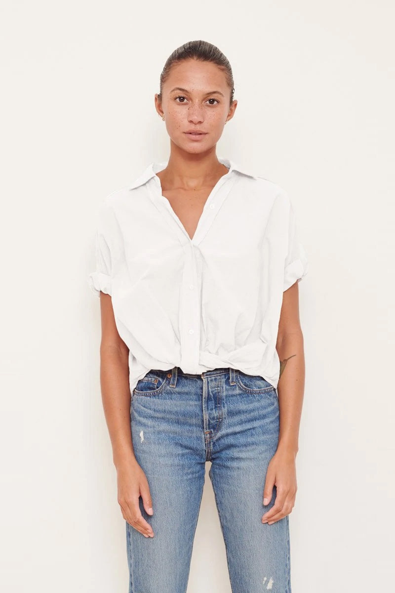 Stateside Voile Short Sleeve Front Twist Button Up Shirt in White