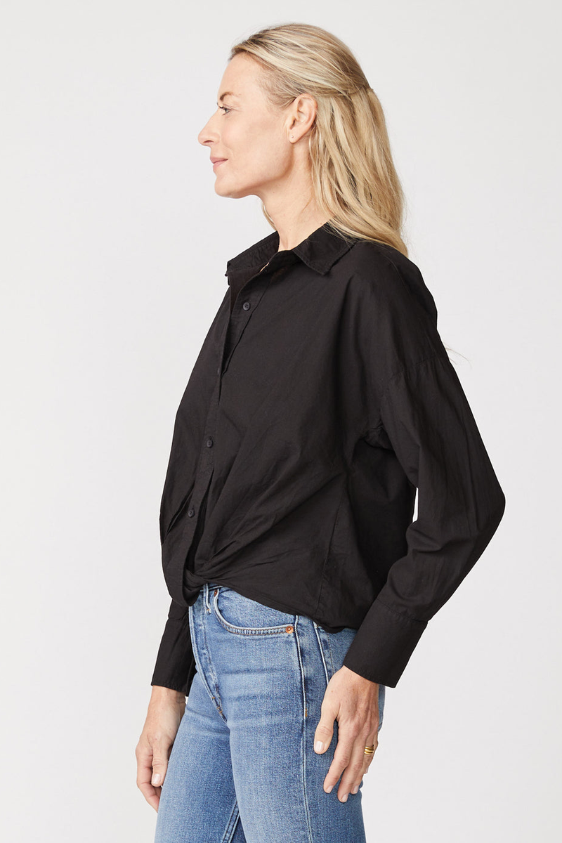 Stateside Poplin Long Sleeve Front Twist Button Up Shirt in Black