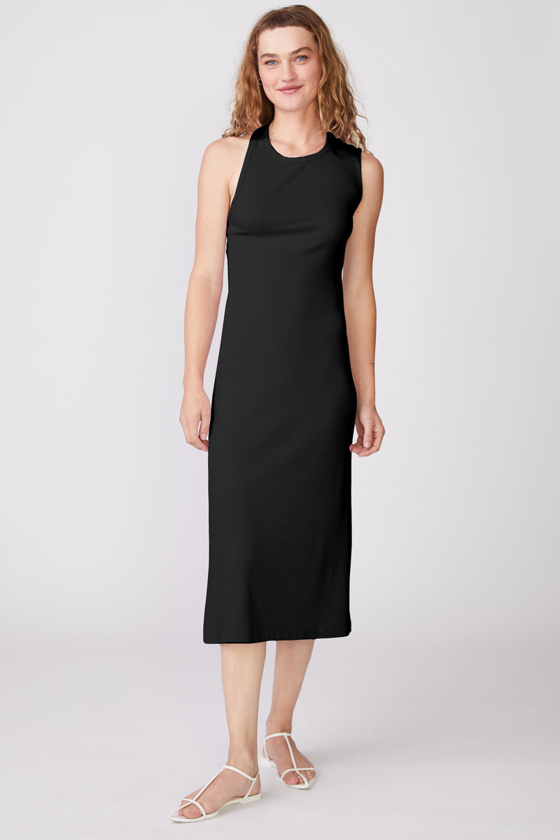 Stateside 2x1 Rib Asymmetric Back Midi Dress in Black-front