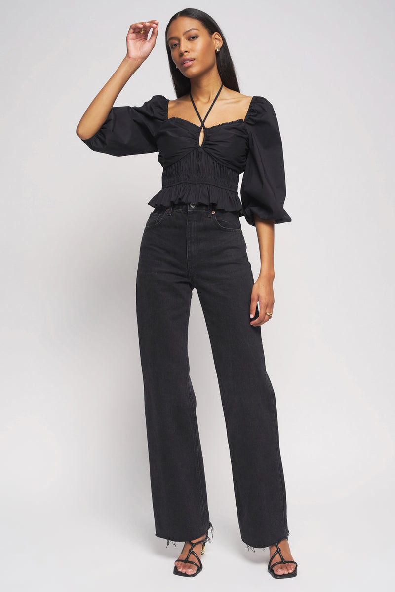 Bailey 44  Shani Peplum Top in Black - full view paired with black denim