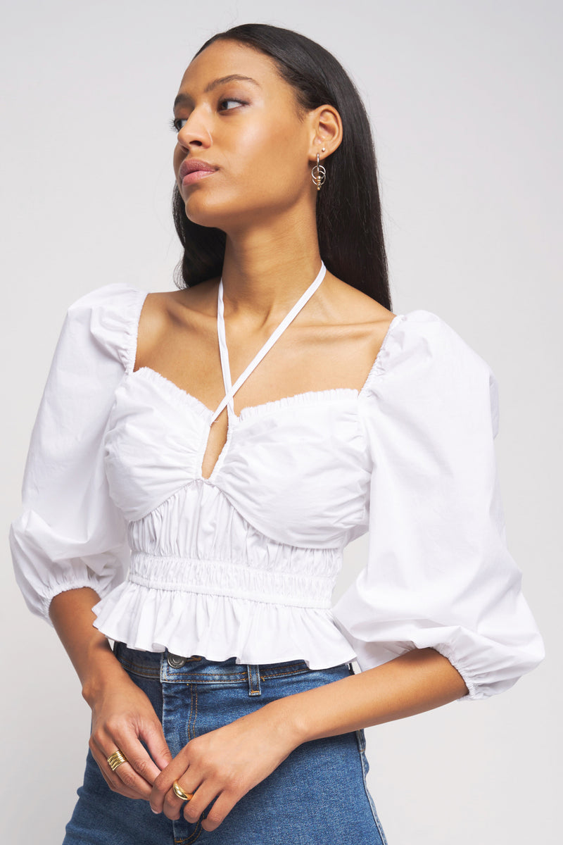 Bailey 44  Shani Peplum Top in Oatmilk - front close up