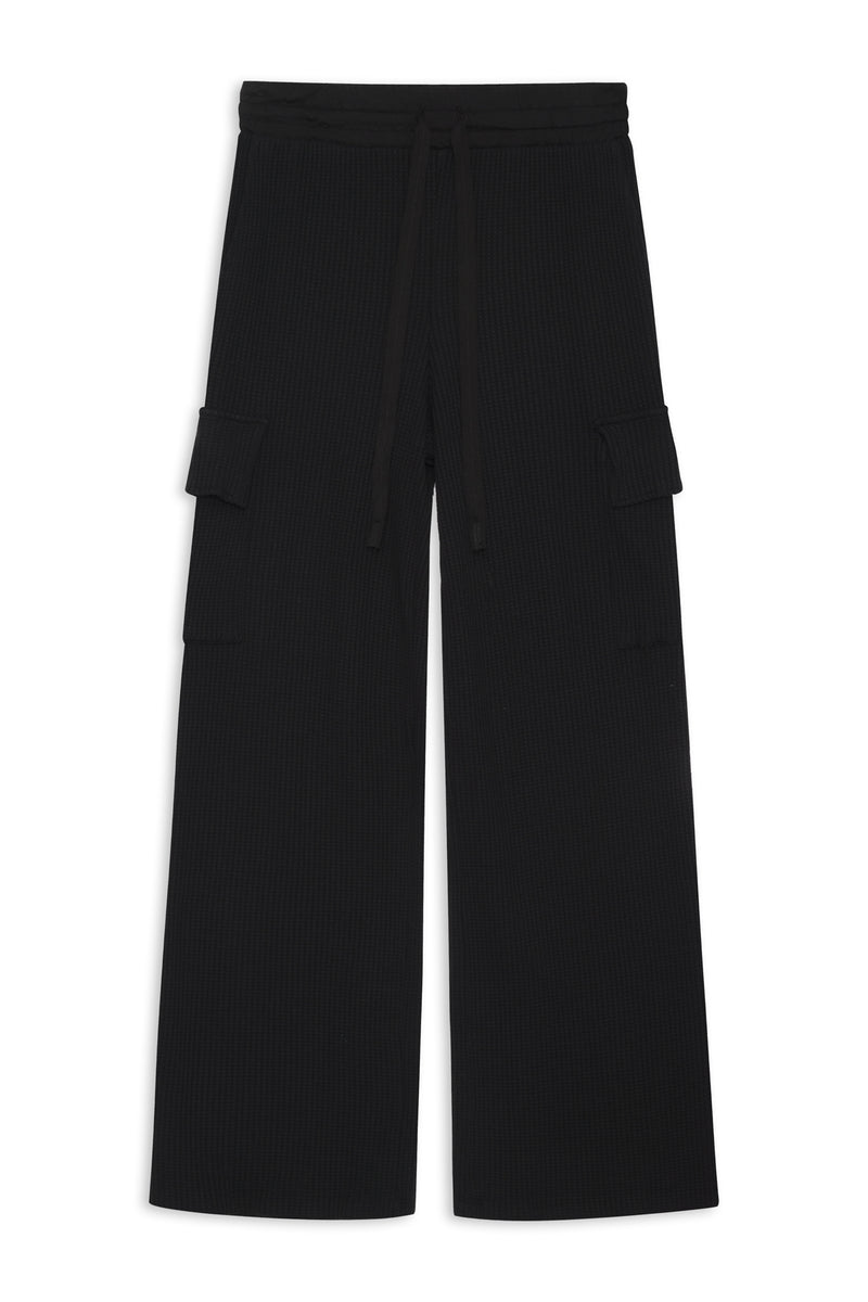 Luxe Thermal Drawstring Cargo Pant in Black-flat lay (front)
