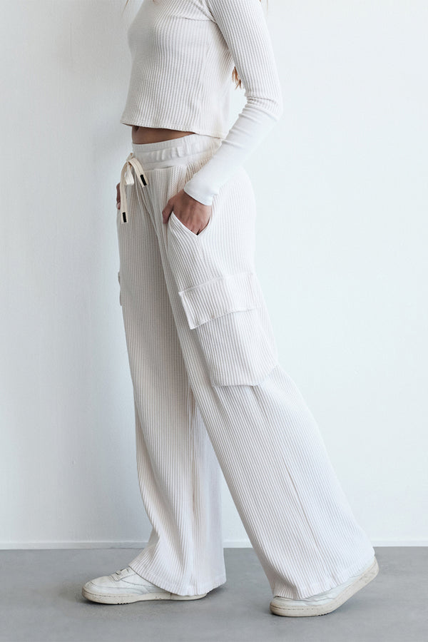 Luxe Thermal Drawstring Cargo Pant in Cream-side 