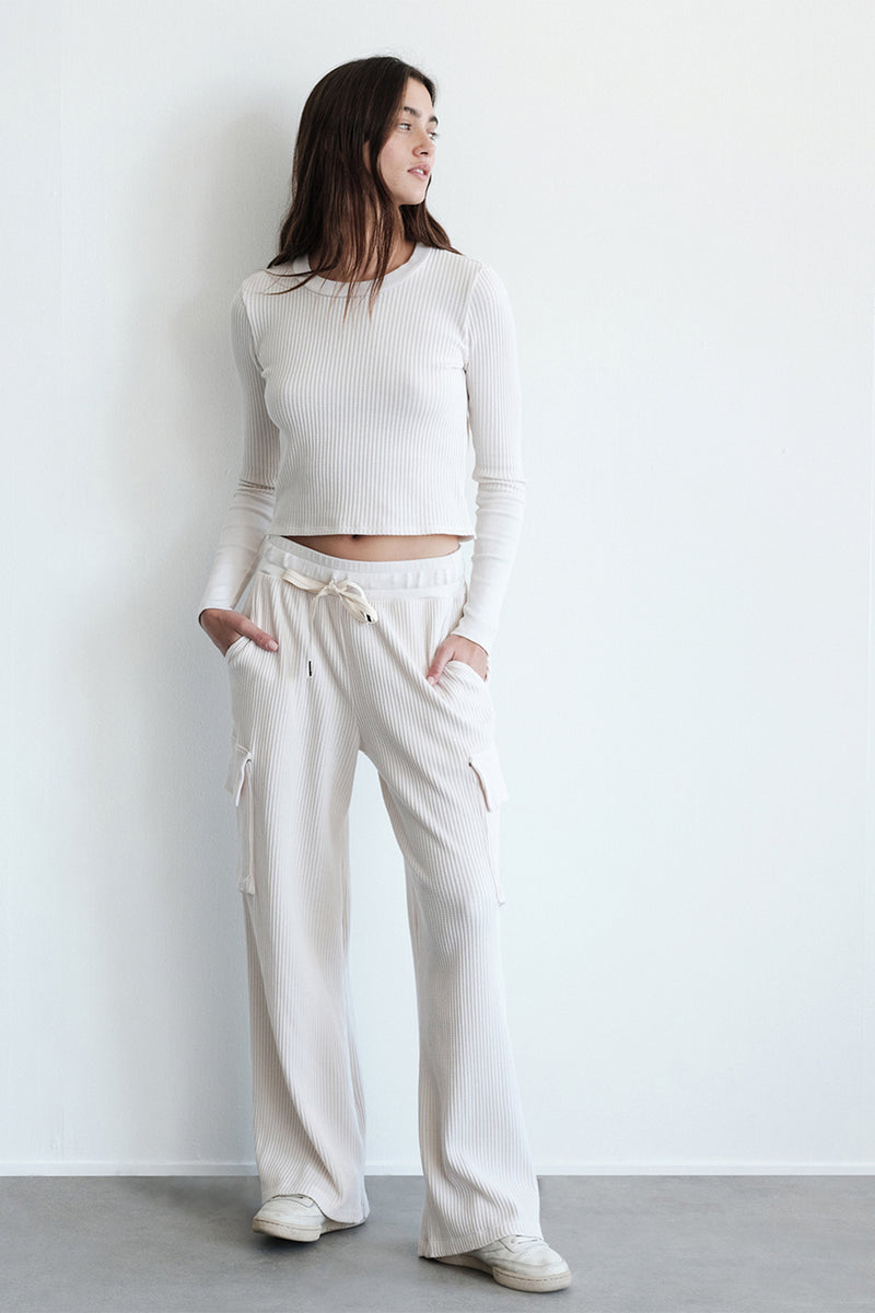 Luxe Thermal Drawstring Cargo Pant in Cream-full body (model looking looking to the side)