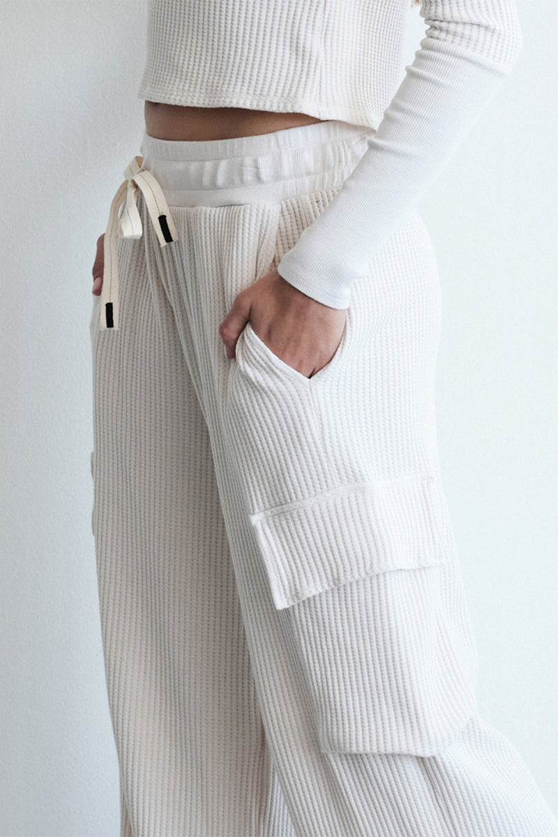 Luxe Thermal Drawstring Cargo Pant in Cream-pockets details