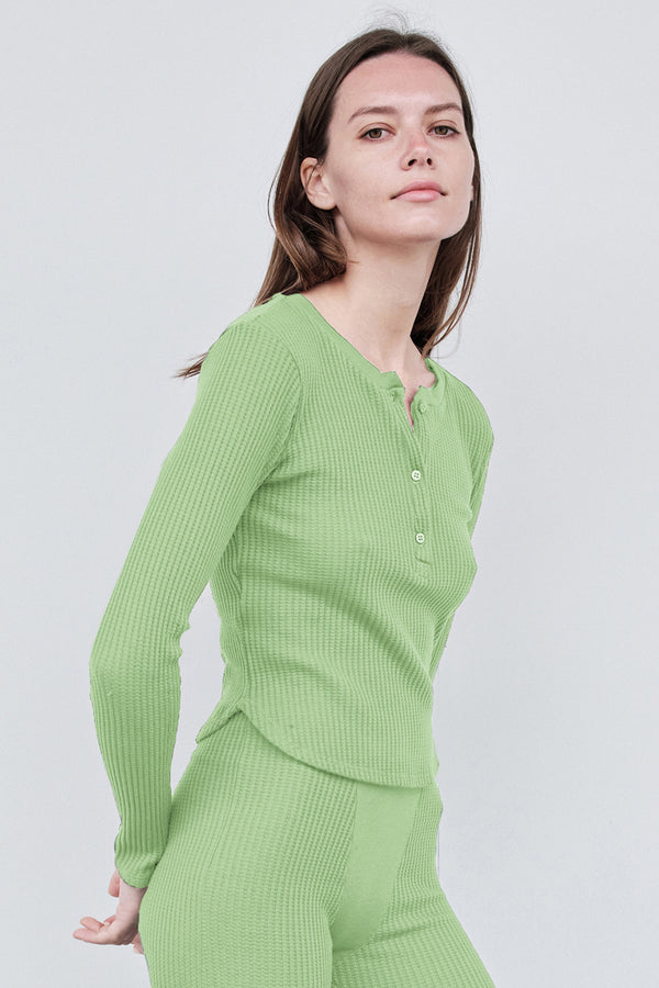 Stateside Luxe Thermal Henley Top in Wasabi