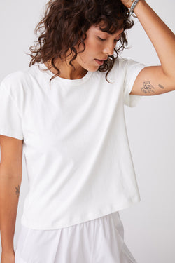 Stateside Cloud Jersey Short Sleeve Crew in White-3/4 model is looking down