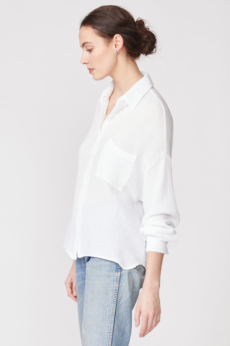Stateside Gauze Long Sleeve Oversized Shirting Top in White-side