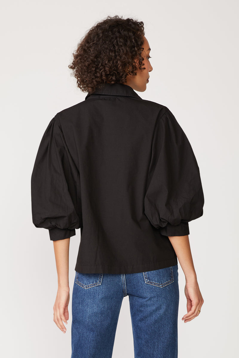 Stateside Structured Poplin Puff Sleeve Shirt in Black-back