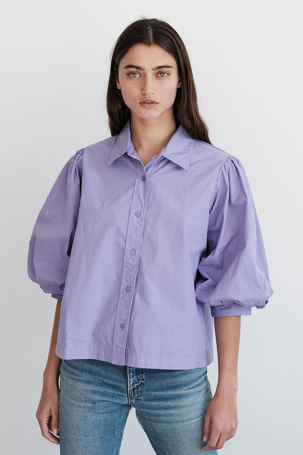 Stateside Structured Poplin Puff Sleeve Shirt in Iris-front 3/4 front