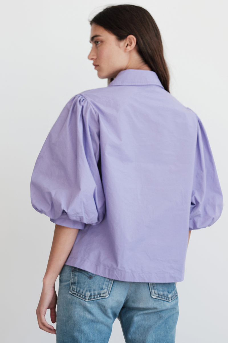 Stateside Structured Poplin Puff Sleeve Shirt in Iris-back