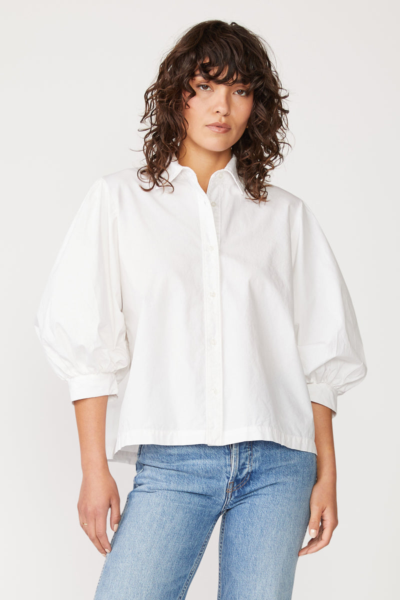 Stateside Structured Poplin Puff Sleeve Shirt in White-front 3/4