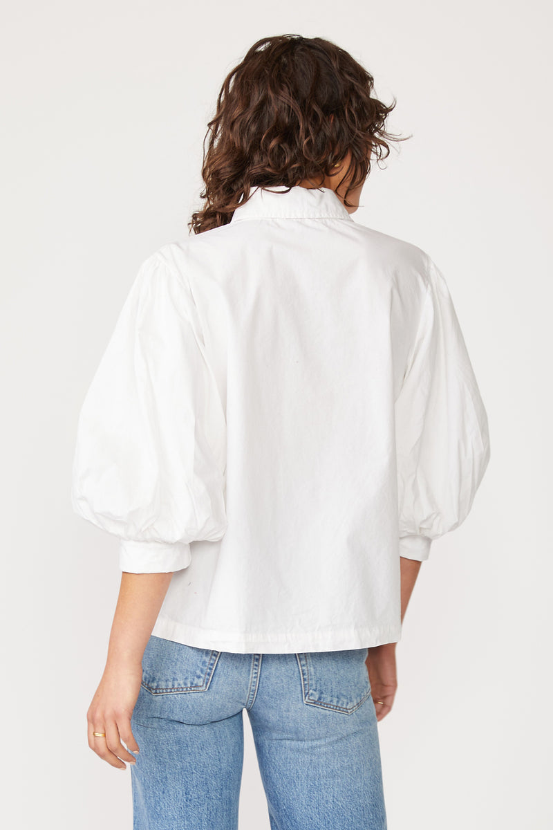 Stateside Structured Poplin Puff Sleeve Shirt in White-back