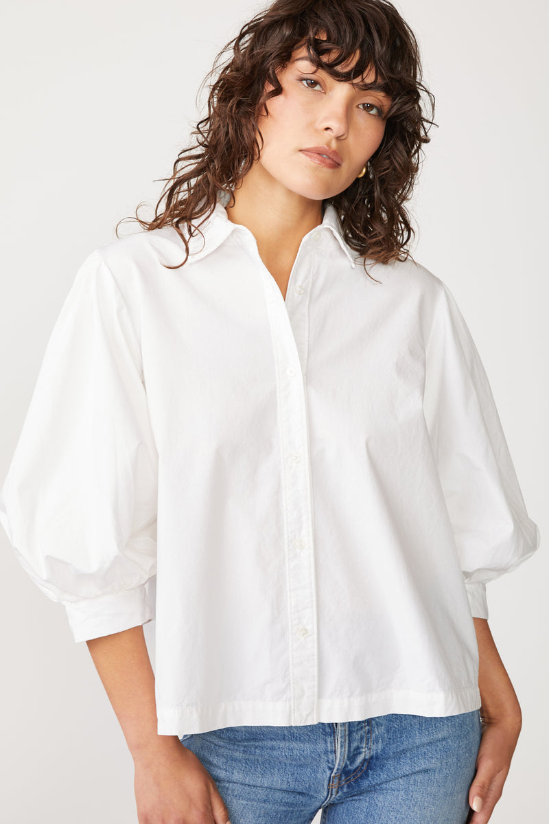 Stateside Structured Poplin Puff Sleeve Shirt in White-3/4 front
