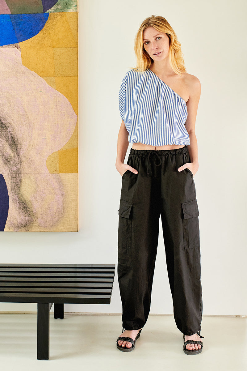 Structured Poplin Drawstring Cargo Pant in Black-campaign