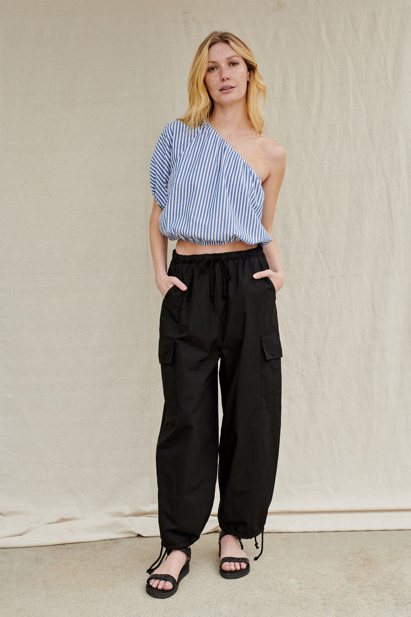 Structured Poplin Drawstring Cargo Pant in Black-full front view