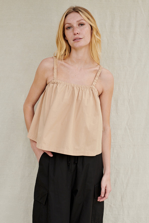 Structured Poplin Swing Top in Whea-3/4 front view