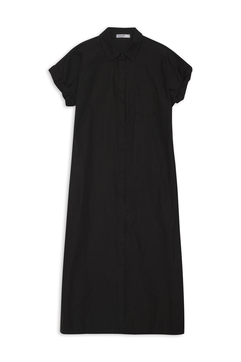 Stateside Structured Poplin Rolled Sleeve Midi Shirt Dress in Black-front (flat lay)