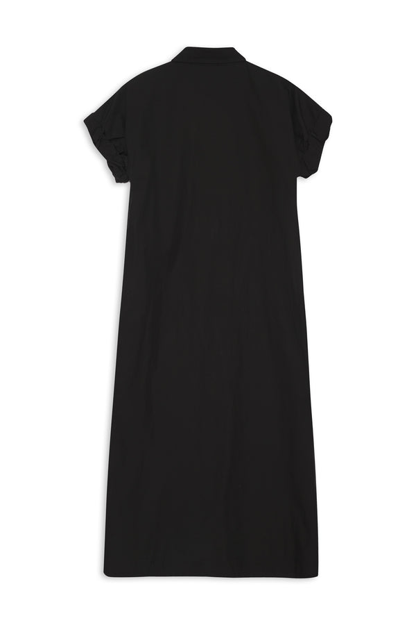 Stateside Structured Poplin Rolled Sleeve Midi Shirt Dress in Black-back (flat lay)
