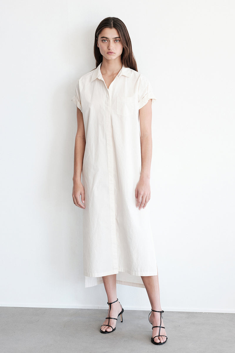 Stateside Structured Poplin Rolled Sleeve Midi Shirt Dress in Cream-full view front