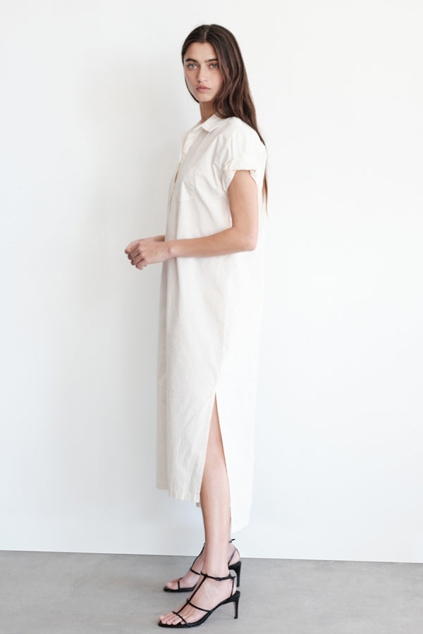 Stateside Structured Poplin Rolled Sleeve Midi Shirt Dress in Cream-side