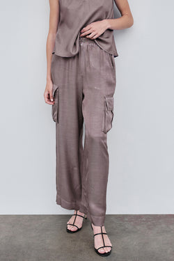 Viscose Satin Cargo Pant in Walnut-front