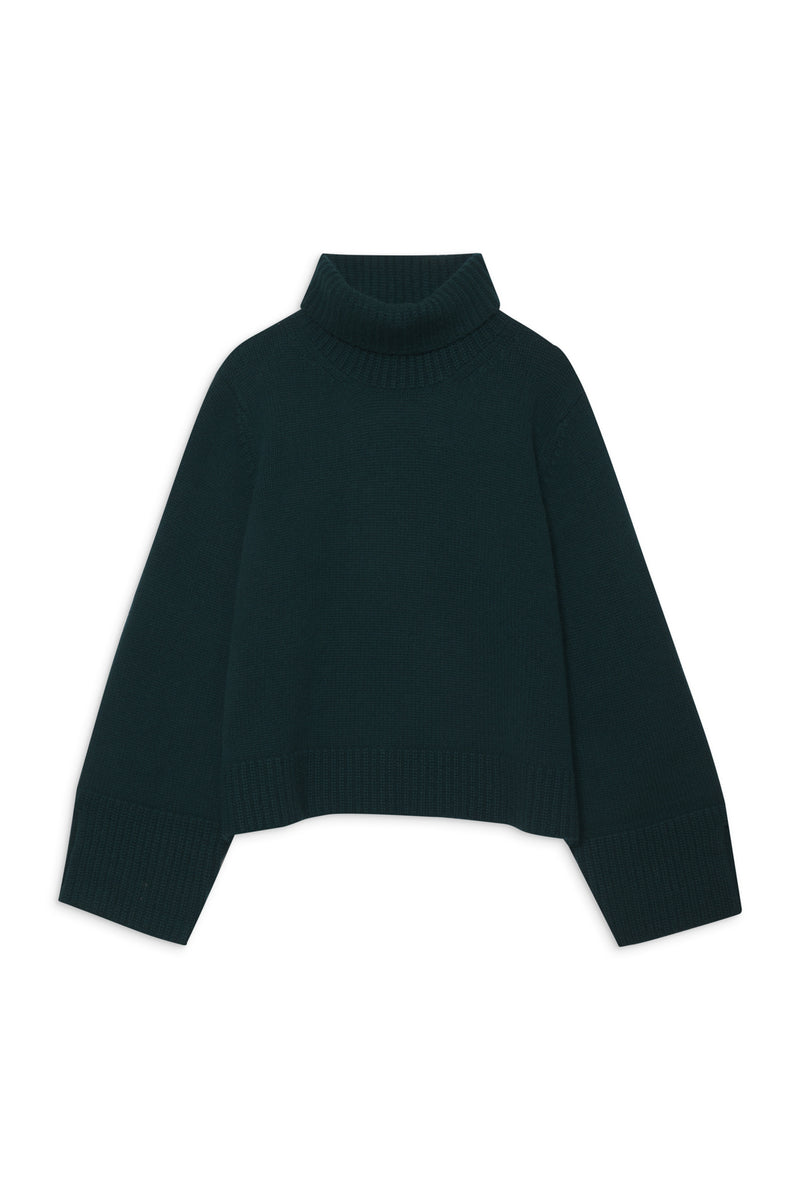 Wool/Cashmere Blend Turtleneck Sweater in Rainforest-flat lay