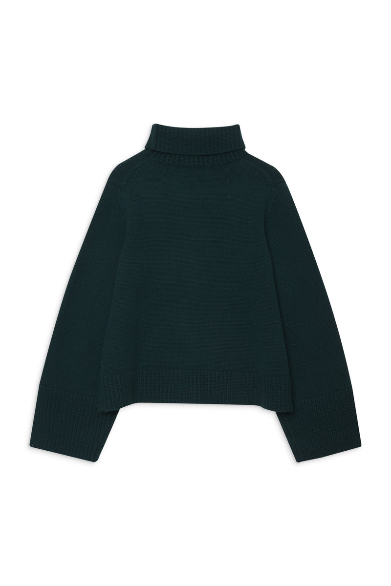 Wool/Cashmere Blend Turtleneck Sweater in Rainforest-flat lay back