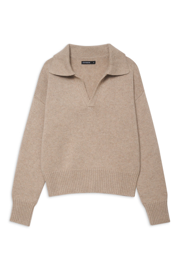 Stateside Cashmere Johnny Collar Sweater in Camel-flay lay (front)