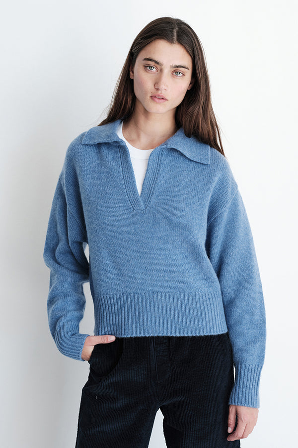 Wool/Cashmere Johnny Collar Sweater in Denim-3/4 front